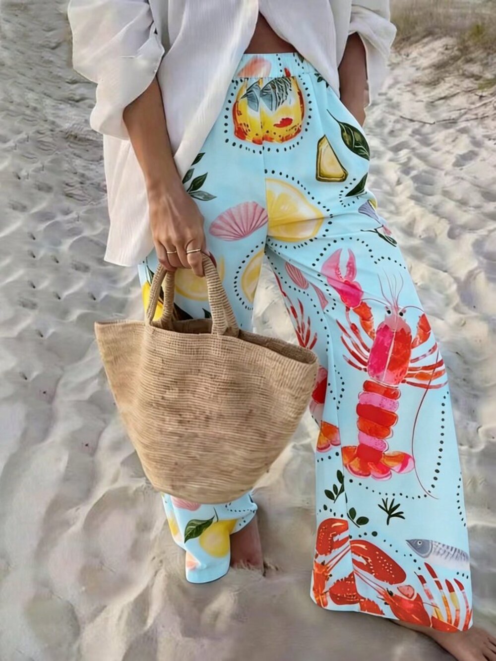 Blue Casual Women's Marine Life Print Pocket Pants